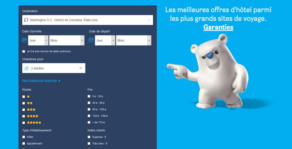 Onglet de recherche du site hotels combined