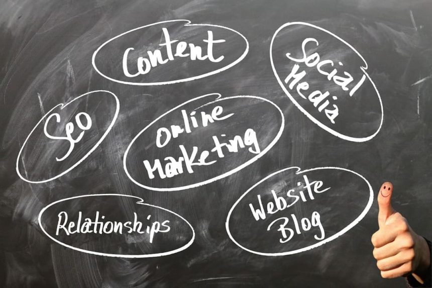 tableau avec les textes seo, contenu, média social, marketing en ligne, blog, relationnel.