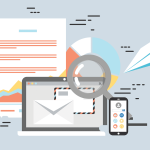 juxtaposition d'icônes représentant différents éléments du marketing de contenu : article de blog, loupe devant un graphique, illustration d'un email sur un écran d'ordinateur.