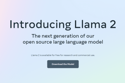 Bannière du site Meta, avec le texte en anglais présentation de Llama 2, la génération suivante de notre modèle de langage open source