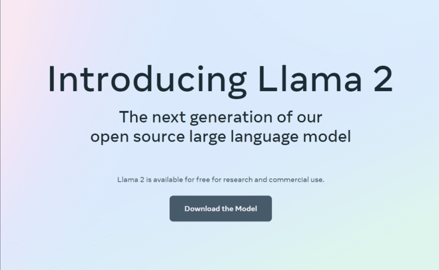 Bannière du site Meta, avec le texte en anglais présentation de Llama 2, la génération suivante de notre modèle de langage open source