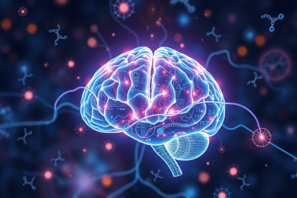 Illustration d’un cerveau connecté à une intelligence artificielle, symbolisant la recherche contre Alzheimer
