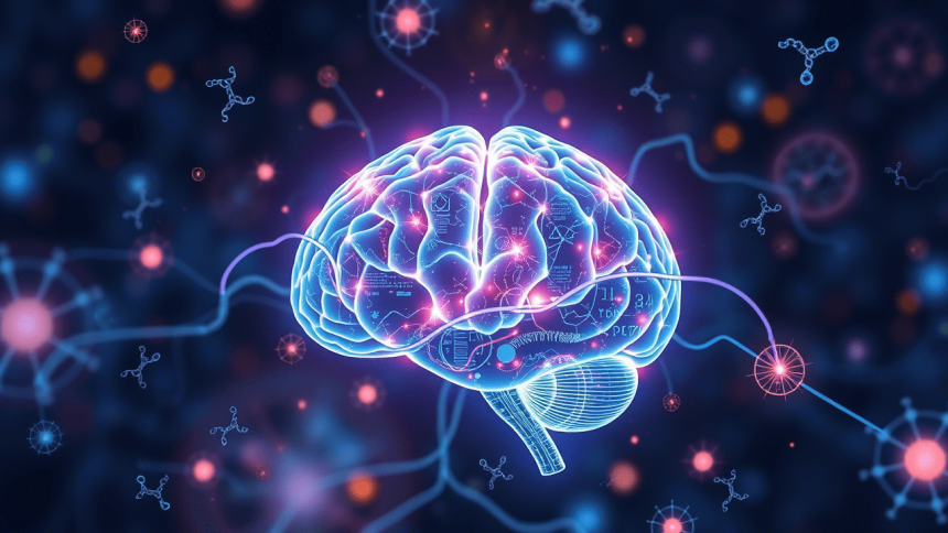 Illustration d’un cerveau connecté à une intelligence artificielle, symbolisant la recherche contre Alzheimer